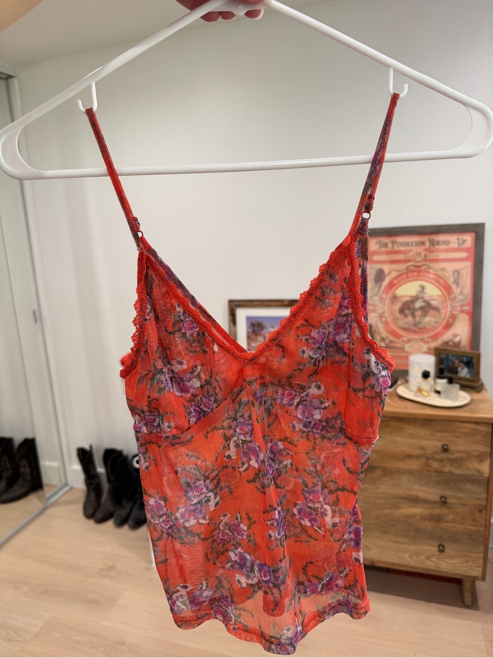 Orange Floral Lace-Trim Cami Top